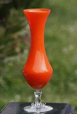 Tall Vintage Italian Orange Opaline Vase Clear Base Empoli 30cm 11.8in Italy