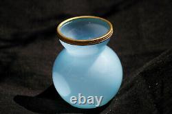 Tiny Vintage Italian Blue Opaline Vase Ormolu Bead Rim 7,5cm 3in Murano Nason