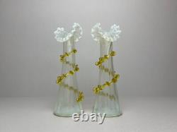 Unique Pair of Victorian Opalescent vases with ruffled rim vases