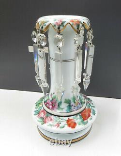 Unusual Antique Opaline Glass Mantle Lustre, Hand Painted Flowers, 10 Drops