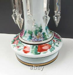 Unusual Antique Opaline Glass Mantle Lustre, Hand Painted Flowers, 10 Drops