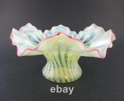 VASELINE Opalescent STRIPE Ruffled Rim CRANBERRY edge Antique art glass VASE