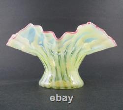 VASELINE Opalescent STRIPE Ruffled Rim CRANBERRY edge Antique art glass VASE