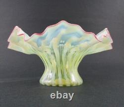 VASELINE Opalescent STRIPE Ruffled Rim CRANBERRY edge Antique art glass VASE