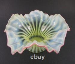 VASELINE Opalescent STRIPE Ruffled Rim CRANBERRY edge Antique art glass VASE