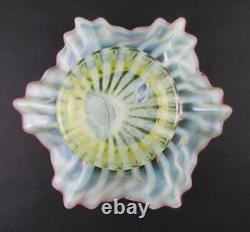 VASELINE Opalescent STRIPE Ruffled Rim CRANBERRY edge Antique art glass VASE