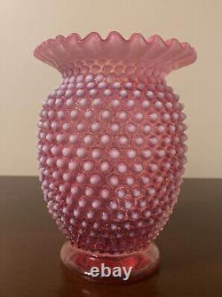VHTF Fenton Cranberry Opalescent Hobnail 7.5 Cupped Vase Pie Crust Rim Unmarked