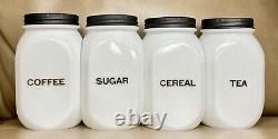 VHTF Hocking White Clambroth Black Letters Art Deco 4 Piece Canister Jar Set