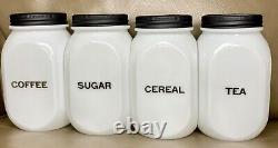 VHTF Hocking White Clambroth Black Letters Art Deco 4 Piece Canister Jar Set