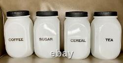 VHTF Hocking White Clambroth Black Letters Art Deco 4 Piece Canister Jar Set