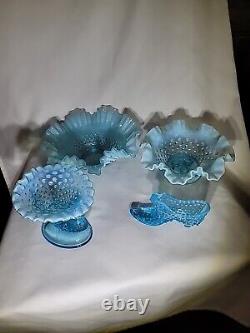 VINTAGE FENTON ART GLASS BLUE OPALESCENT HOBNAIL 4 Piece Set