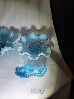 VINTAGE FENTON ART GLASS BLUE OPALESCENT HOBNAIL 4 Piece Set