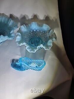 VINTAGE FENTON ART GLASS BLUE OPALESCENT HOBNAIL 4 Piece Set