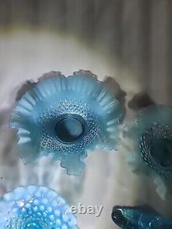 VINTAGE FENTON ART GLASS BLUE OPALESCENT HOBNAIL 4 Piece Set