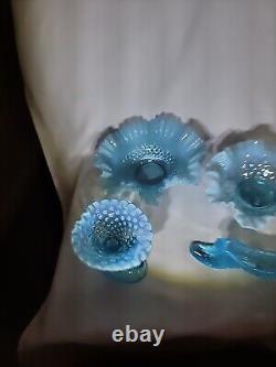 VINTAGE FENTON ART GLASS BLUE OPALESCENT HOBNAIL 4 Piece Set