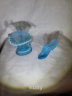 VINTAGE FENTON ART GLASS BLUE OPALESCENT HOBNAIL 4 Piece Set