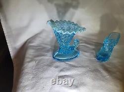 VINTAGE FENTON ART GLASS BLUE OPALESCENT HOBNAIL 4 Piece Set