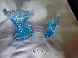 VINTAGE FENTON ART GLASS BLUE OPALESCENT HOBNAIL 4 Piece Set