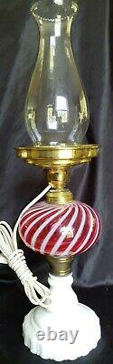 VINTAGE FENTON CRANBERRY OPALESCENT SWIRL OIL LAMP WithMILK GLASS BASE CONVERTED