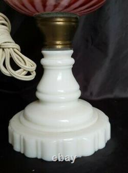 VINTAGE FENTON CRANBERRY OPALESCENT SWIRL OIL LAMP WithMILK GLASS BASE CONVERTED