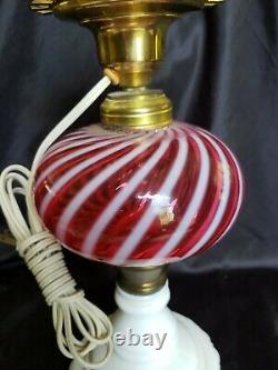 VINTAGE FENTON CRANBERRY OPALESCENT SWIRL OIL LAMP WithMILK GLASS BASE CONVERTED