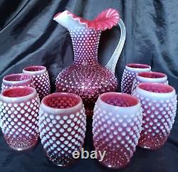 VINTAGE FENTON HOBNAIL CRANBERRY OPALESCENT PITCHER with 8 BARREL TUMBLERS SET