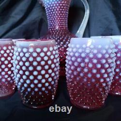 VINTAGE FENTON HOBNAIL CRANBERRY OPALESCENT PITCHER with 8 BARREL TUMBLERS SET