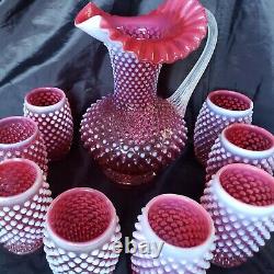 VINTAGE FENTON HOBNAIL CRANBERRY OPALESCENT PITCHER with 8 BARREL TUMBLERS SET