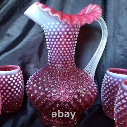 VINTAGE FENTON HOBNAIL CRANBERRY OPALESCENT PITCHER with 8 BARREL TUMBLERS SET