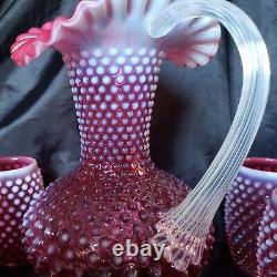 VINTAGE FENTON HOBNAIL CRANBERRY OPALESCENT PITCHER with 8 BARREL TUMBLERS SET