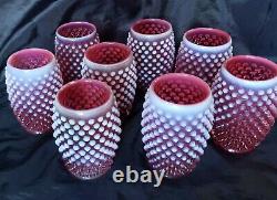 VINTAGE FENTON HOBNAIL CRANBERRY OPALESCENT PITCHER with 8 BARREL TUMBLERS SET