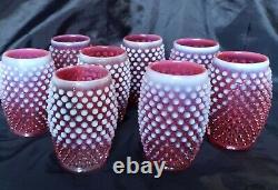 VINTAGE FENTON HOBNAIL CRANBERRY OPALESCENT PITCHER with 8 BARREL TUMBLERS SET