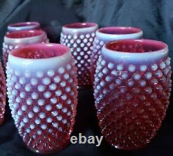 VINTAGE FENTON HOBNAIL CRANBERRY OPALESCENT PITCHER with 8 BARREL TUMBLERS SET