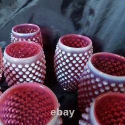 VINTAGE FENTON HOBNAIL CRANBERRY OPALESCENT PITCHER with 8 BARREL TUMBLERS SET