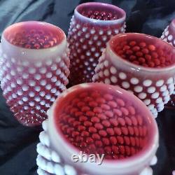 VINTAGE FENTON HOBNAIL CRANBERRY OPALESCENT PITCHER with 8 BARREL TUMBLERS SET