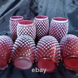 VINTAGE FENTON HOBNAIL CRANBERRY OPALESCENT PITCHER with 8 BARREL TUMBLERS SET