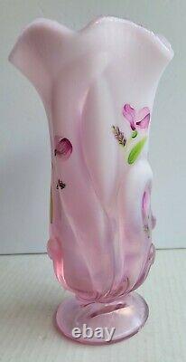 VINTAGE FENTON OPALESCENT PINK ROSEMILK GLASS VASE HAND PAINTED by B. STANLEY