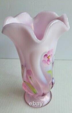 VINTAGE FENTON OPALESCENT PINK ROSEMILK GLASS VASE HAND PAINTED by B. STANLEY