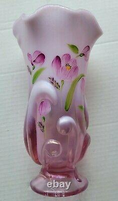 VINTAGE FENTON OPALESCENT PINK ROSEMILK GLASS VASE HAND PAINTED by B. STANLEY