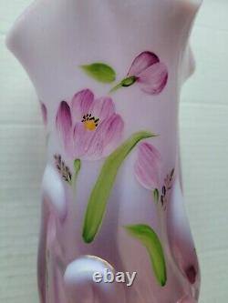 VINTAGE FENTON OPALESCENT PINK ROSEMILK GLASS VASE HAND PAINTED by B. STANLEY