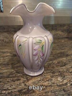 VINTAGE FENTON WISTERIA LAVENDER OVERLAY VASE Signed By Artist, Hand Painted