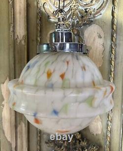 VINTAGE OPALINE CEILING LIGHT. CHROME STEPPED CRADLE. SUPERB. ORIGINAL. 1920s