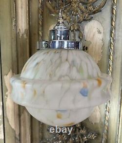 VINTAGE OPALINE CEILING LIGHT. CHROME STEPPED CRADLE. SUPERB. ORIGINAL. 1920s