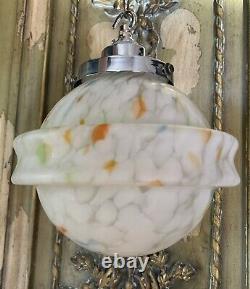 VINTAGE OPALINE CEILING LIGHT. CHROME STEPPED CRADLE. SUPERB. ORIGINAL. 1920s