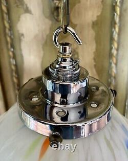 VINTAGE OPALINE CEILING LIGHT. CHROME STEPPED CRADLE. SUPERB. ORIGINAL. 1920s