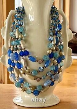 VIntage 1960s 5 strand Blue Aventurine Opaline Crystal Murano Art Glass Necklace