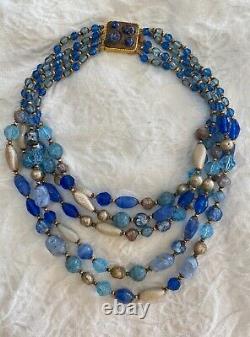 VIntage 1960s 5 strand Blue Aventurine Opaline Crystal Murano Art Glass Necklace