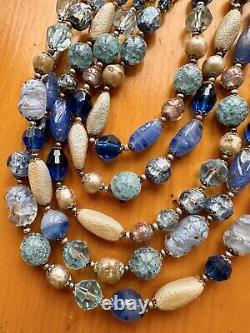 VIntage 1960s 5 strand Blue Aventurine Opaline Crystal Murano Art Glass Necklace