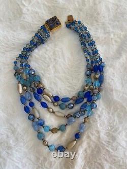 VIntage 1960s 5 strand Blue Aventurine Opaline Crystal Murano Art Glass Necklace