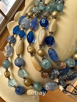 VIntage 1960s 5 strand Blue Aventurine Opaline Crystal Murano Art Glass Necklace